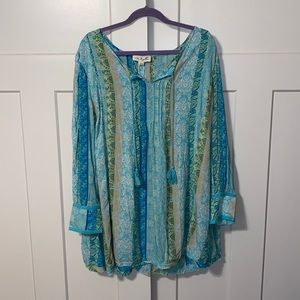 NWT Simply Noelle Blue & Green Long Sleeve Rayon Tunic, Size XXL (16-18)